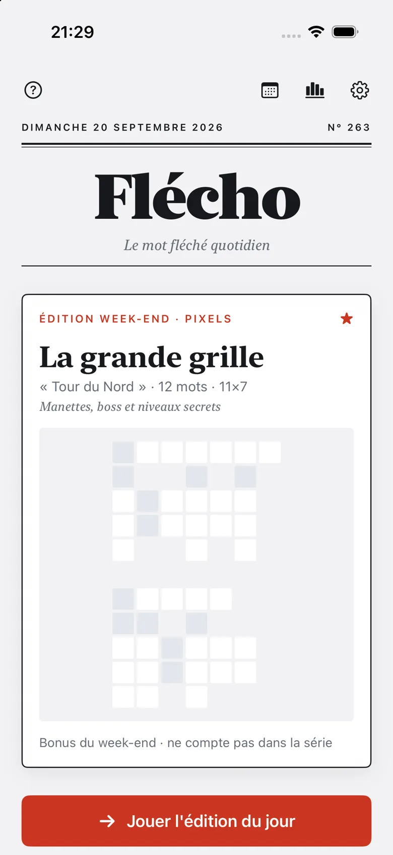 Accueil Flécho : édition du jour, aperçu de la grande grille du week-end